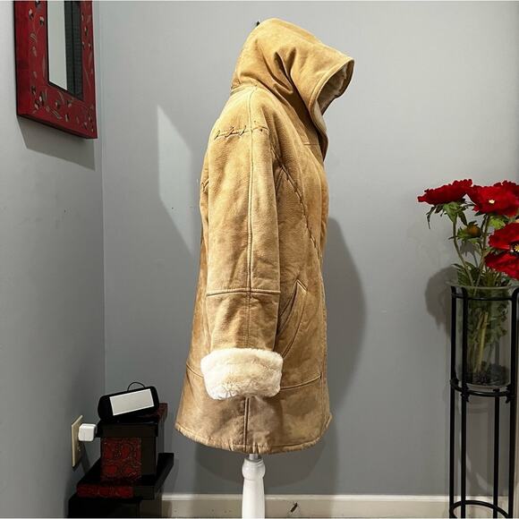 VINTAGE Charles Klein Suede Sherpa Hooded Longline Whipstitch Winter Car Coat XS - Picture 6 of 16
